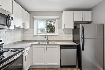 White kitchen with stainless steel appliances